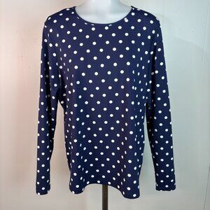 Lands' End Top XL Navy Blue Polka Dot Stretch Nylon Long Sleeve Shirt Women's